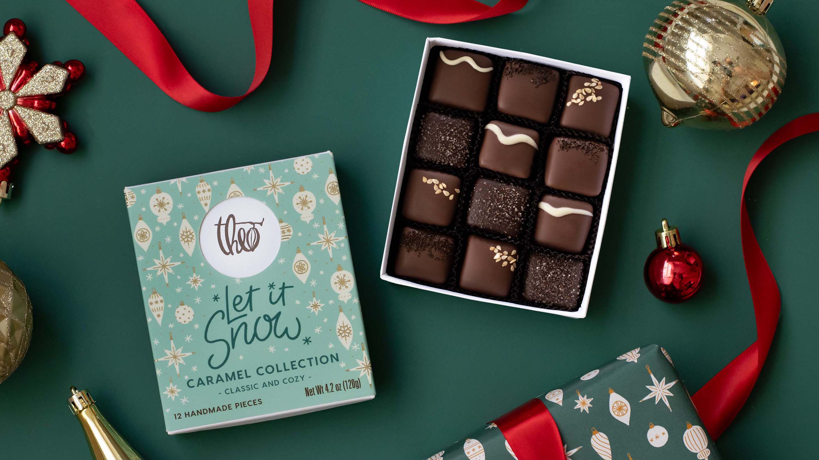 featured image three:Theo Chocolate Let it Snow Caramel Collection Packaging