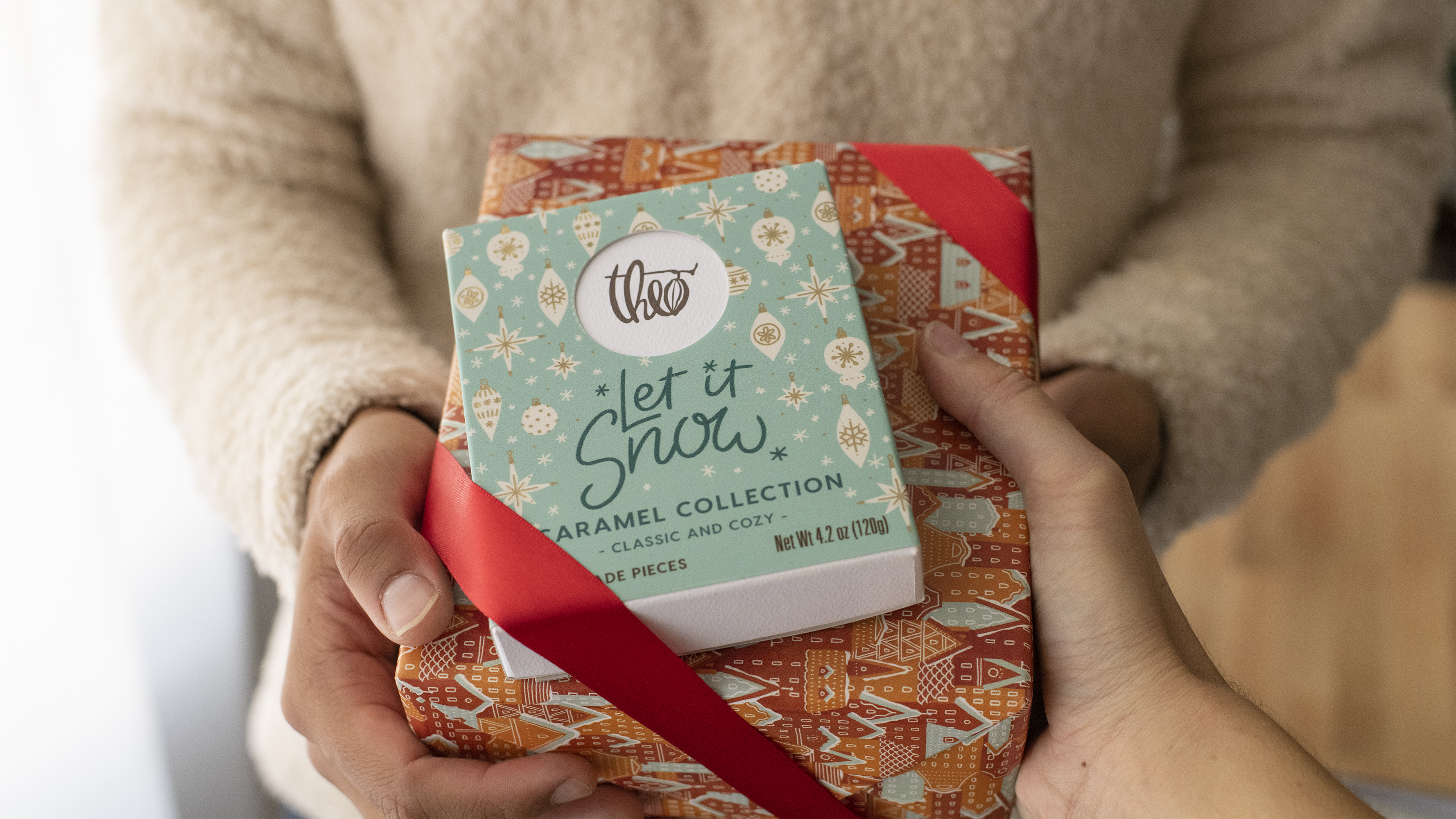 featured image:Theo Chocolate Let it Snow Caramel Collection Packaging